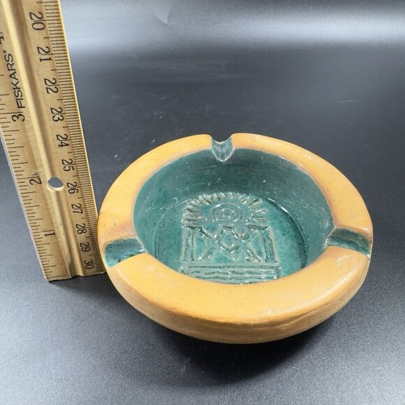 Vintage Mexican Pottery Ashtray Dish Green Teal Aztec Clay Hand Made Decor Dish - Picture 3 of 13